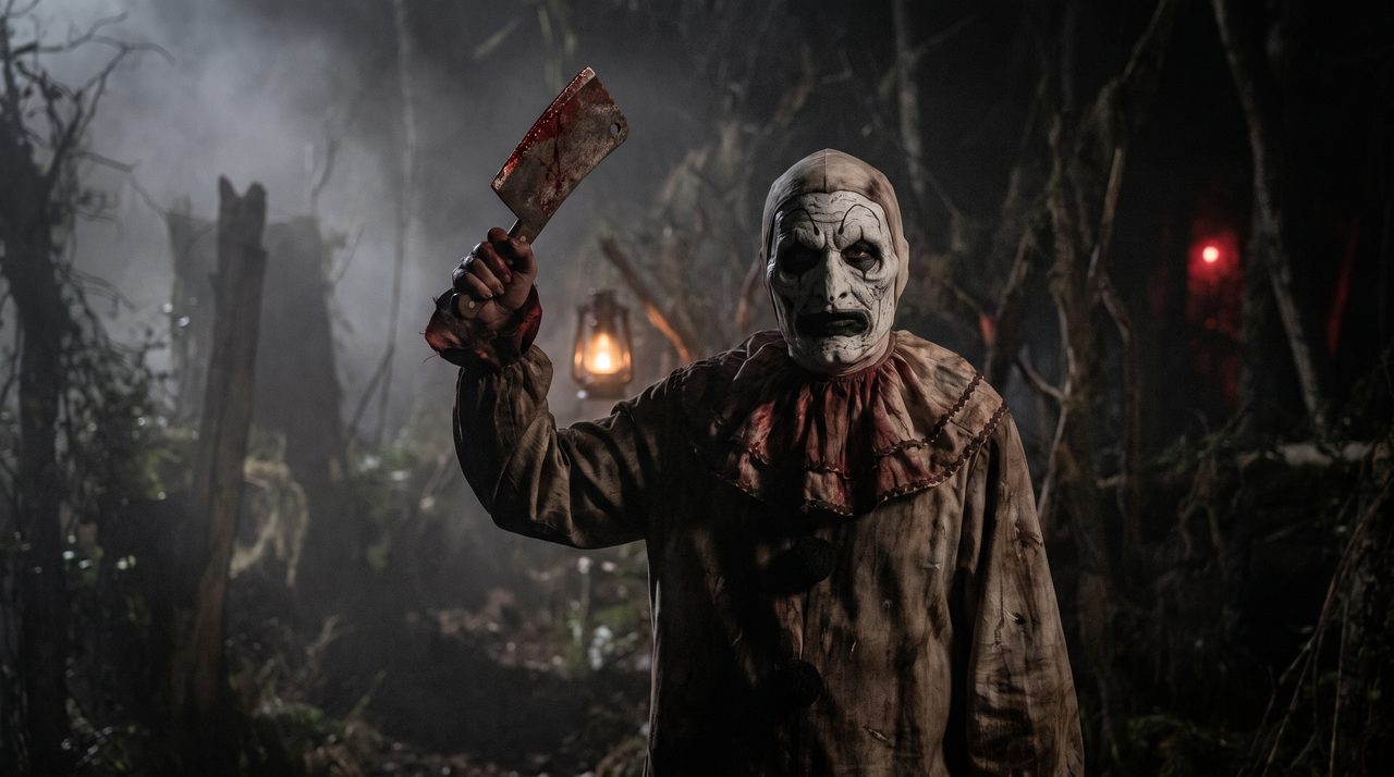 Art the Clown wielding a bloodied cleaver in a dark foggy environment