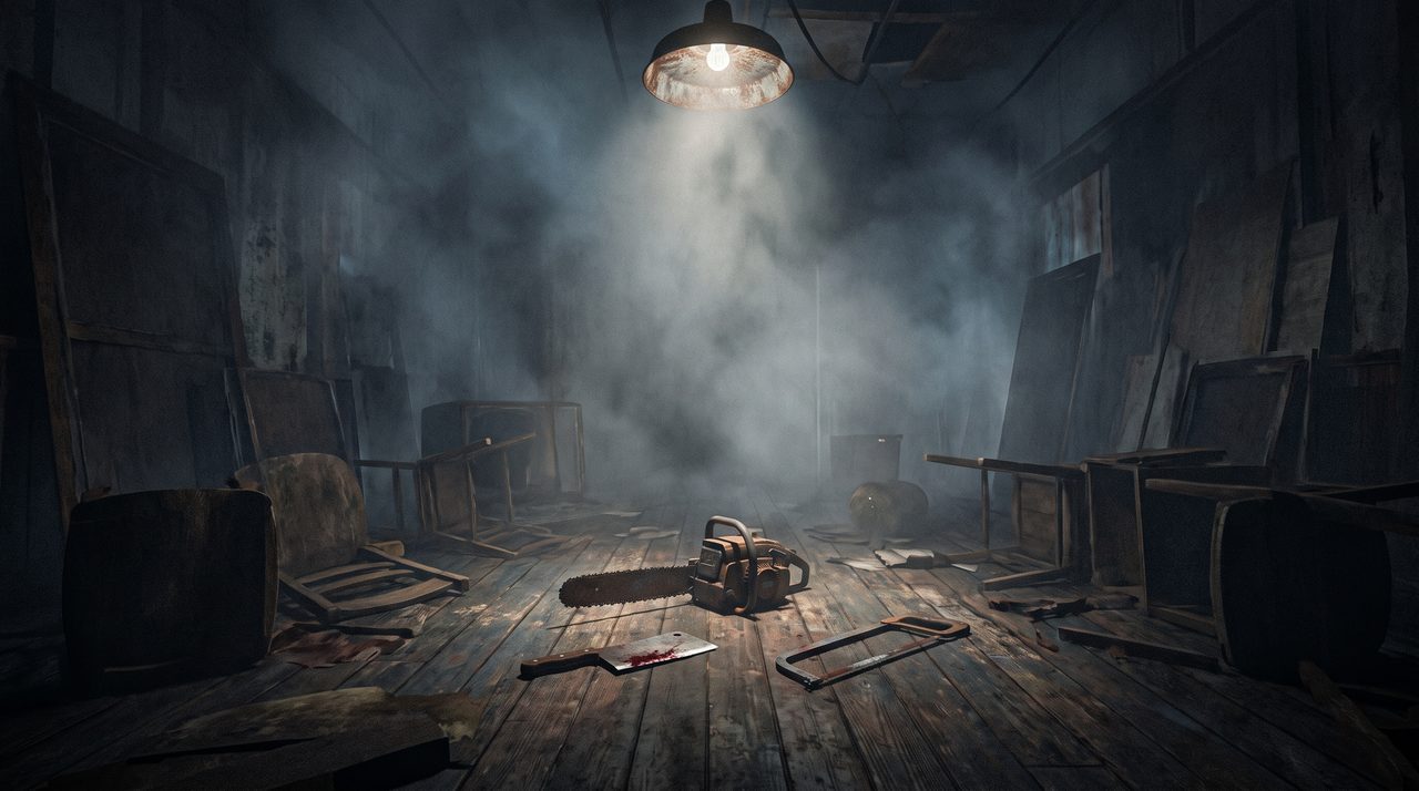 Bloodied weapons from the Terrifier films including a chainsaw and cleaver scattered in a dark foggy set