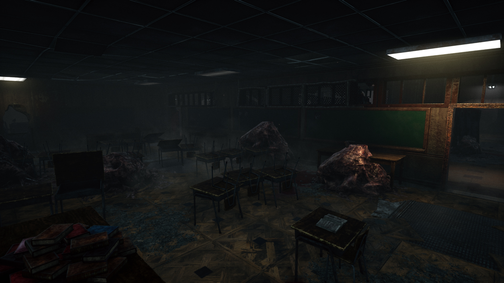 Midwich Elementary School classroom interior in Dead by Daylight - dark, atmospheric, tight corridors. The Nurse's S+ tier map in patch 10.0.0