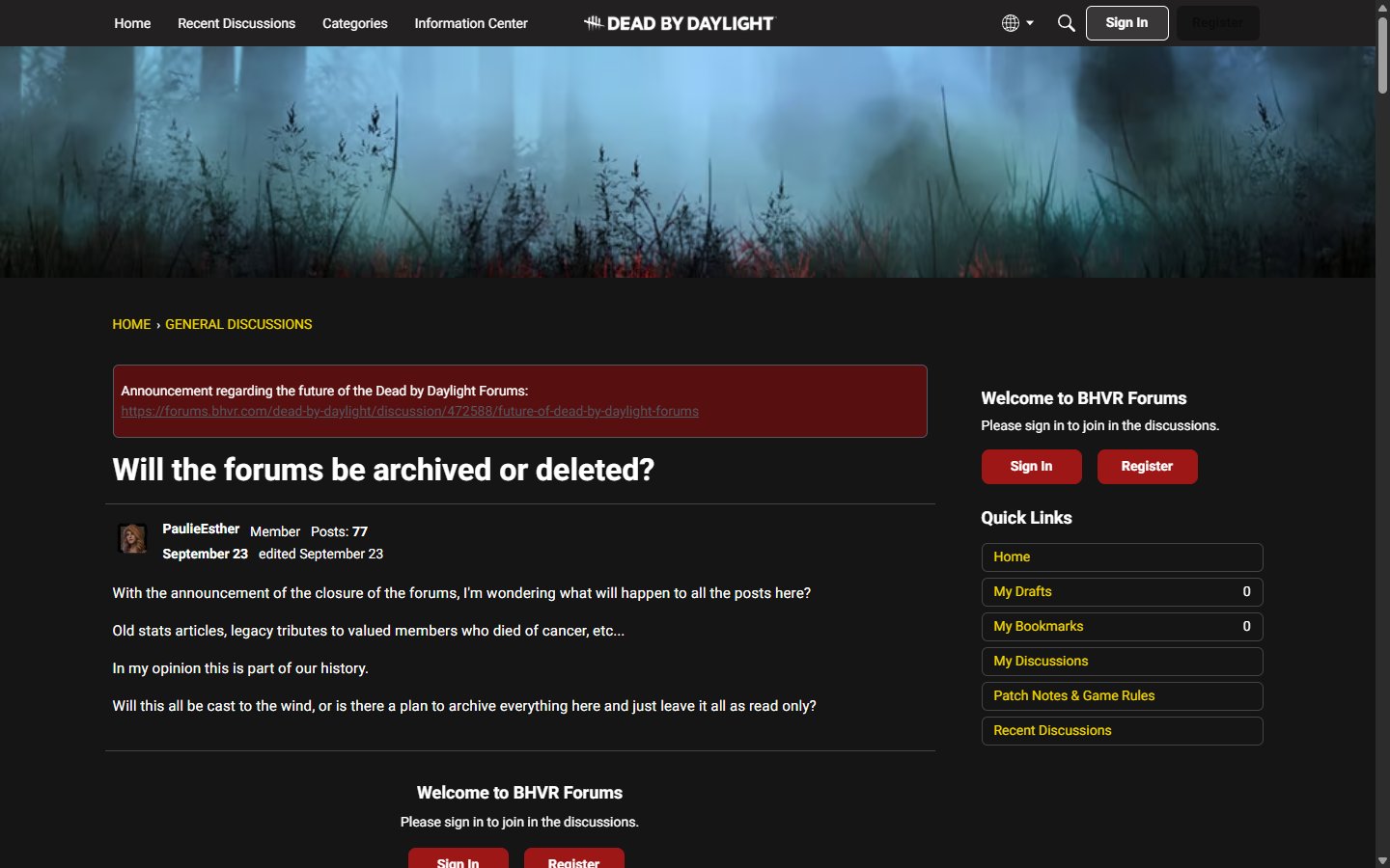 Screenshot of the BHVR forum thread titled 
