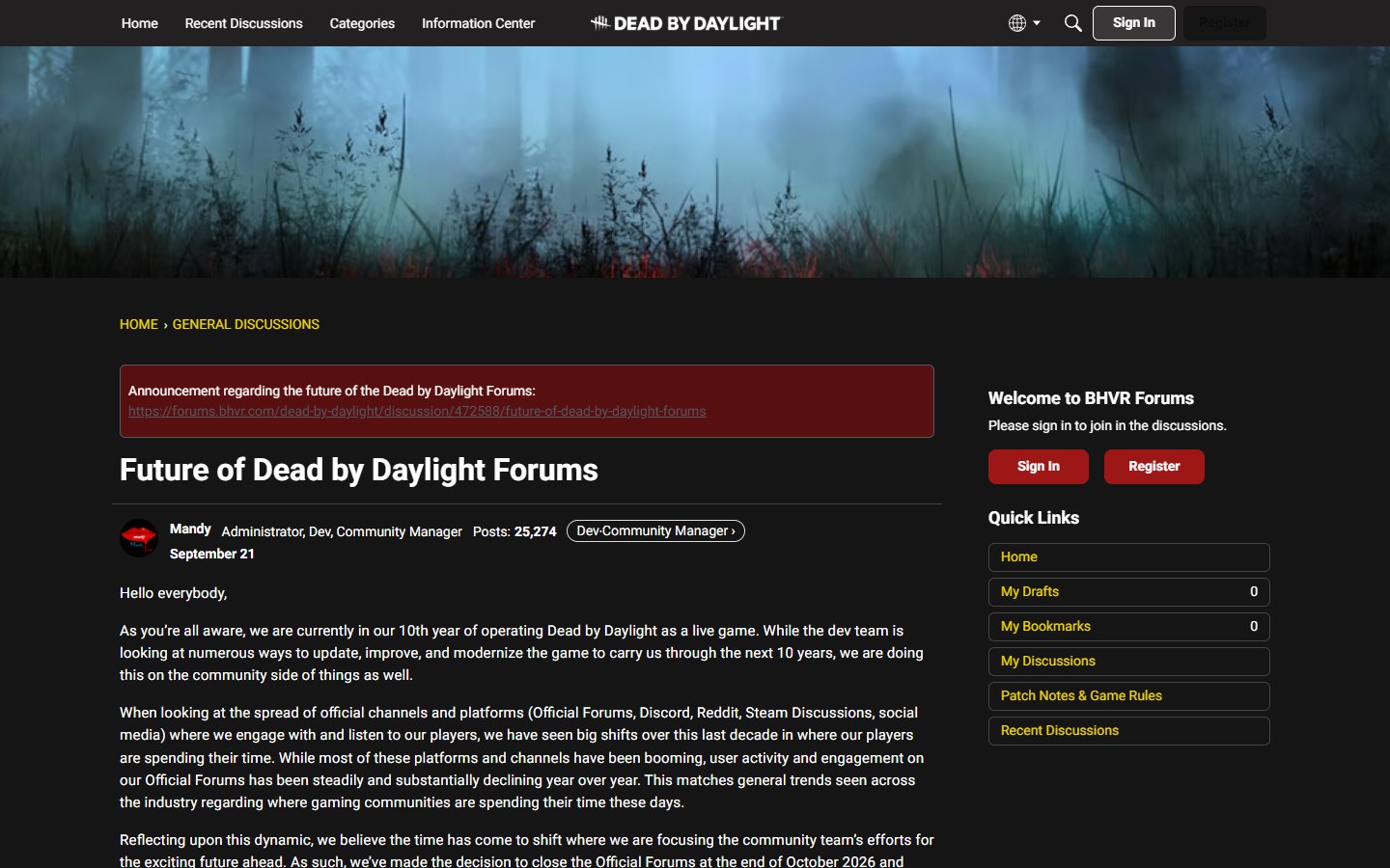 DBD Forums Closing October 2026: What BHVR Is Deleting, Where to Go Instead
