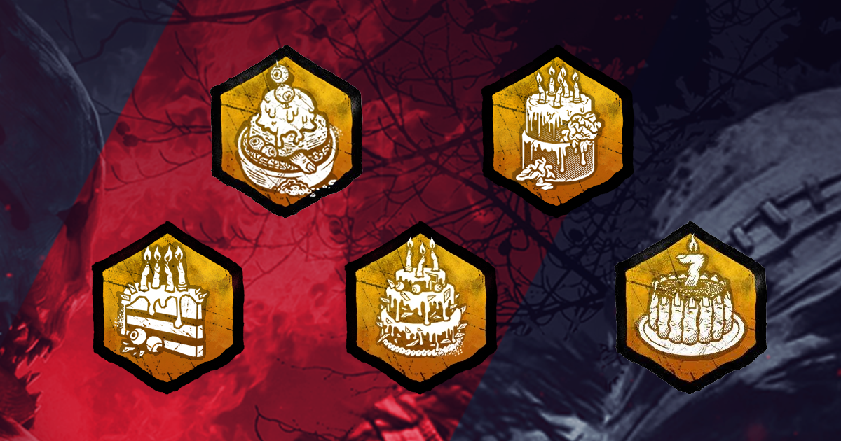 Three tiers of Anniversary Cakes in Dead by Daylight - Single Slice, Full Cake, and Decorated Cake