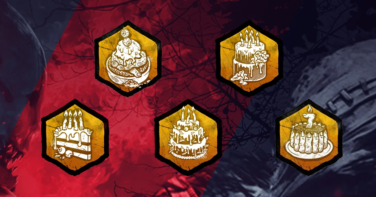 Three tiers of Anniversary Cakes in Dead by Daylight - Single Slice, Full Cake, and Decorated Cake