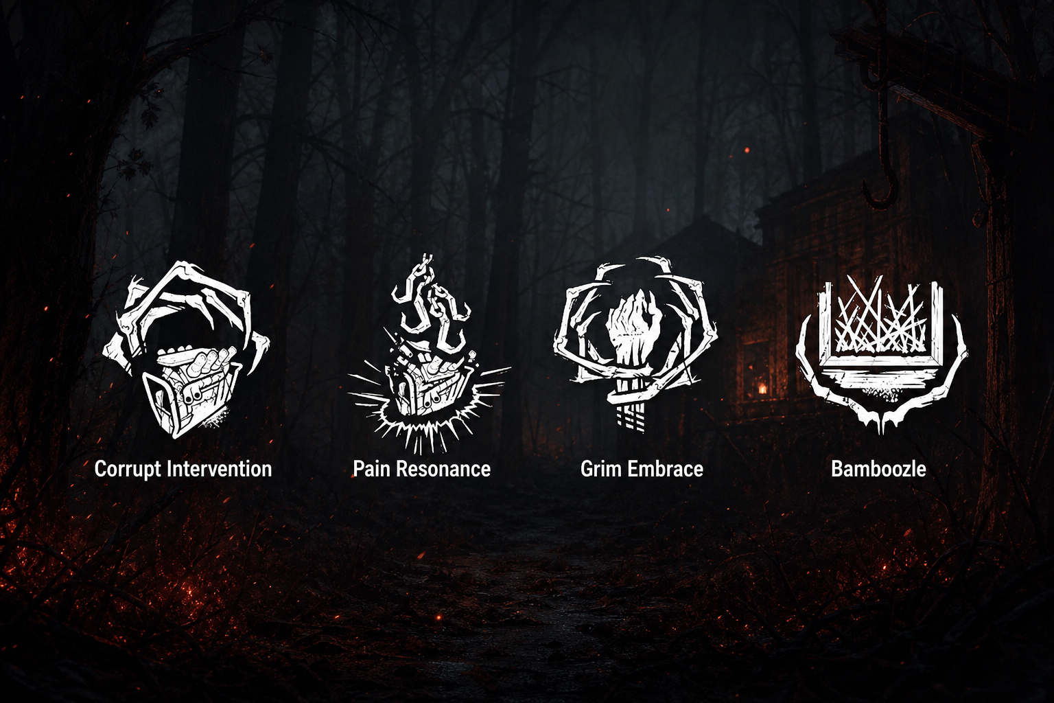 Meta Squeeze perk build card showing Corrupt Intervention, Pain Resonance, Grim Embrace, Bamboozle for Black Banquet farming