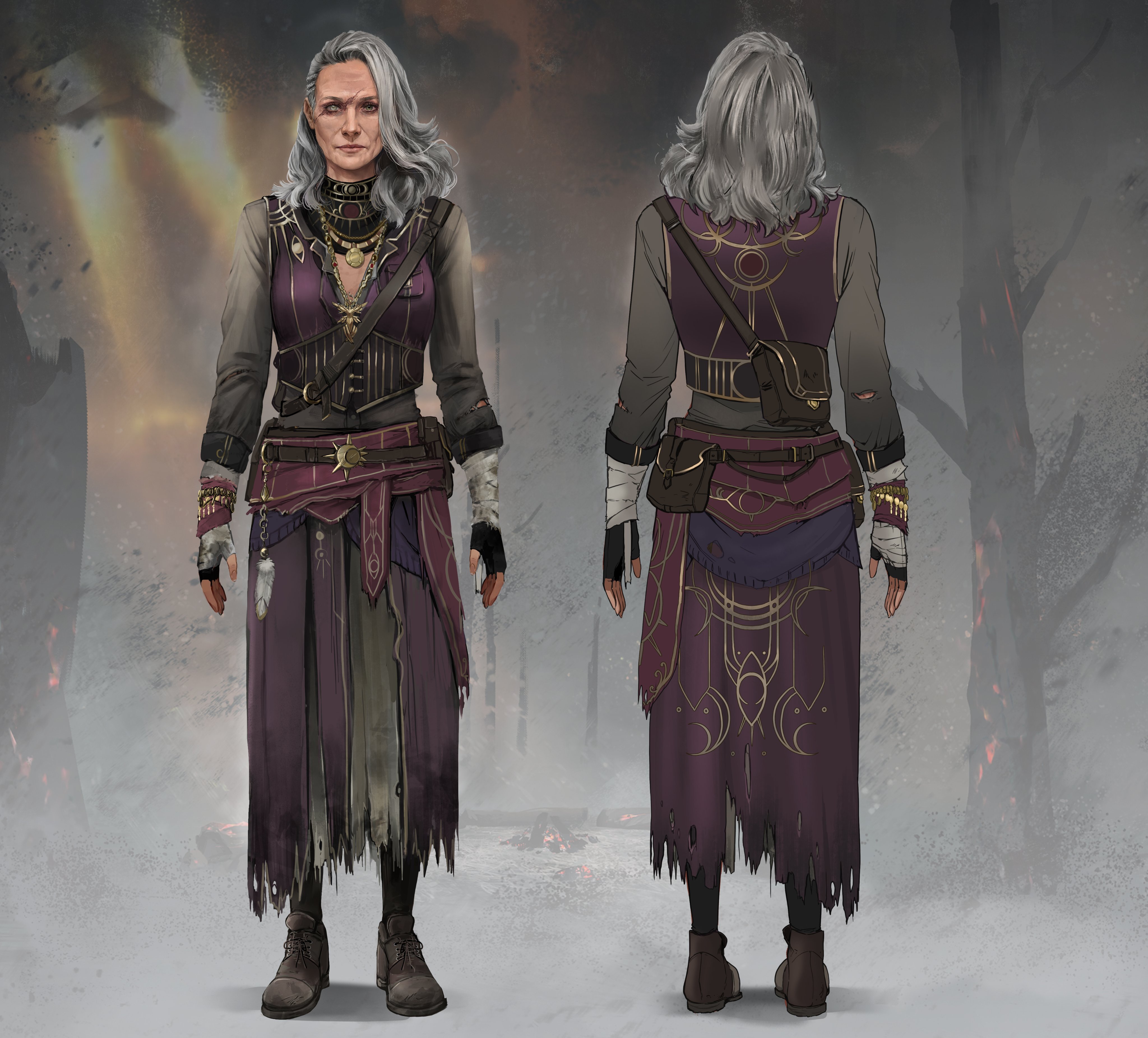 Aurora default concept art in her purple stargazer robe, the first elderly female Survivor in Dead by Daylight