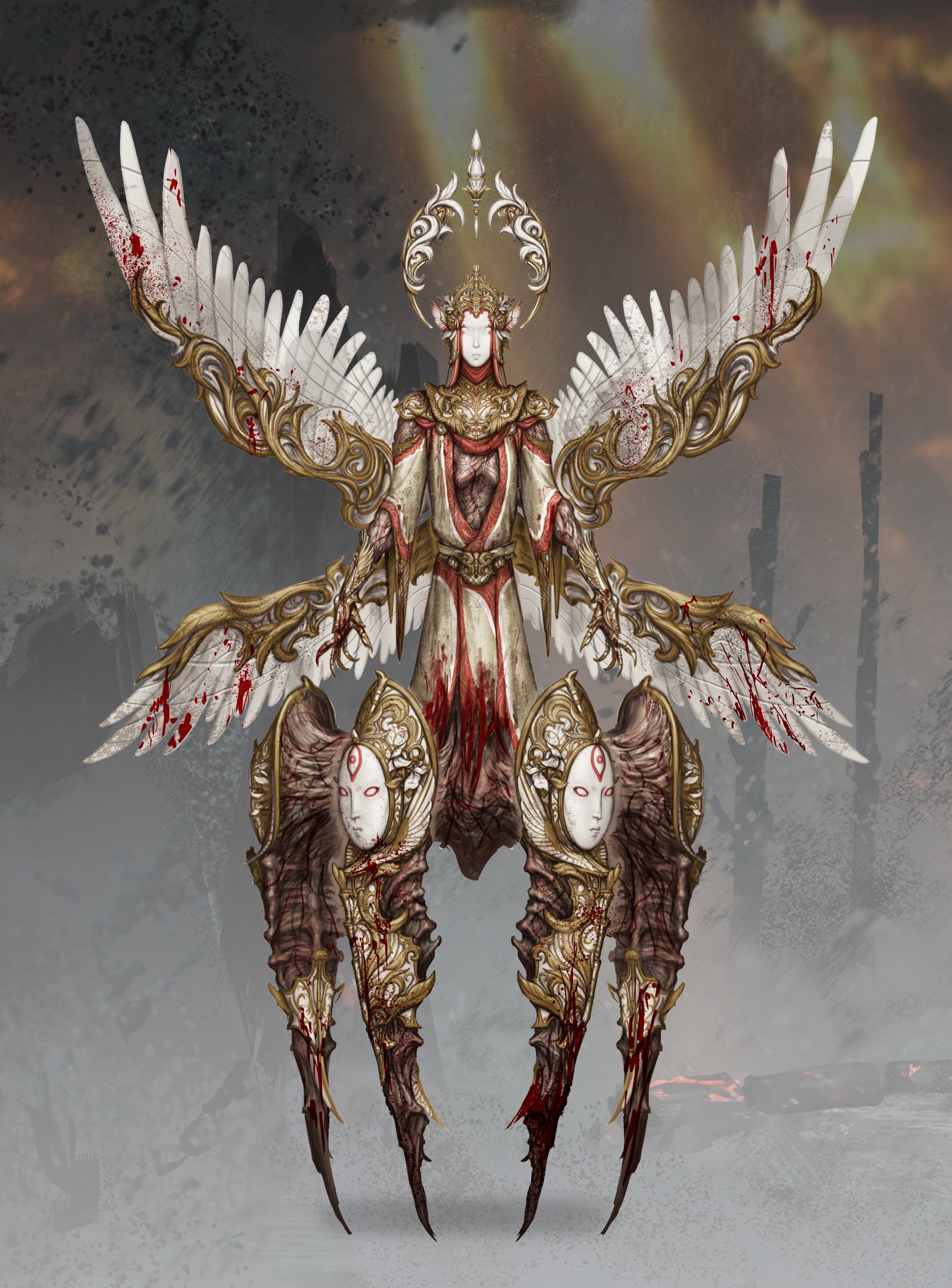 The Judgment default cosmetic concept art - a divine Killer in blue flesh with gold and white stone adornments, holding a staff