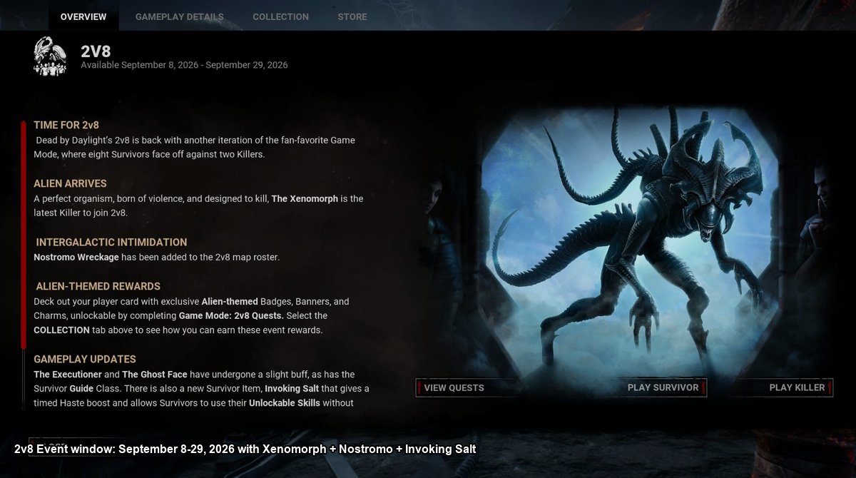 The in-game 2v8 announcement UI showing the September 8-29 2026 event window with Xenomorph, Nostromo Wreckage, Alien rewards, and Executioner Ghost Face Guide Class gameplay updates