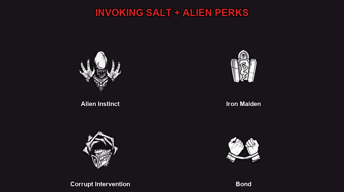 Four perk cards in a 2 by 2 grid showing the September 2026 2v8 Survivor Item Invoking Salt and 3 Alien-themed reward icons Badges Banners Charms