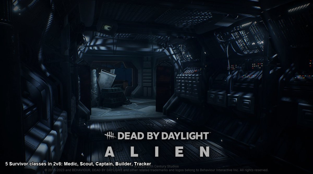 A 2 VS 8 DBD screenshot showing a Xenomorph silhouette facing four survivors in a forest map representing the new 2v8 mode with Xenomorph