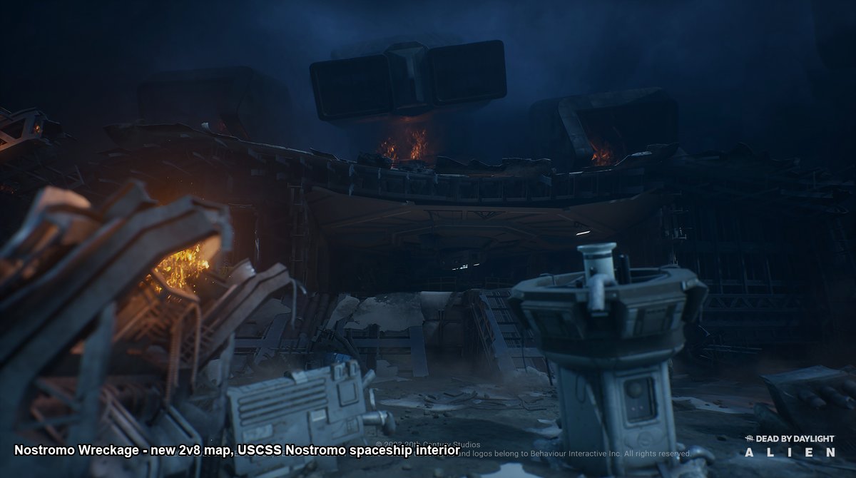 The interior of the USCSS Nostromo spaceship with wrecked corridors, fire, and abandoned control panels, the new Nostromo Wreckage 2v8 map