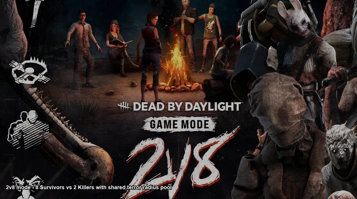 A Dead by Daylight 2v8 key art with killer weapons flanking 8 survivors around a campfire in a forest setting
