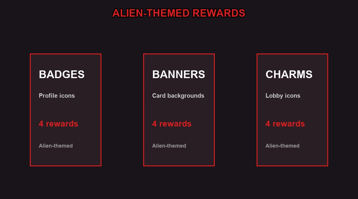 Three Alien-themed reward icons in a row showing a Badge a Banner and a Charm design based on the Xenomorph Facehugger and Nostromo spaceship