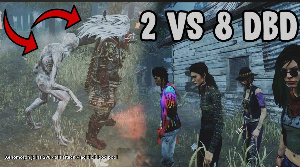 A Xenomorph silhouette facing 4 Dead by Daylight survivors in a forest map representing the 2 VS 8 mode with the Xenomorph added