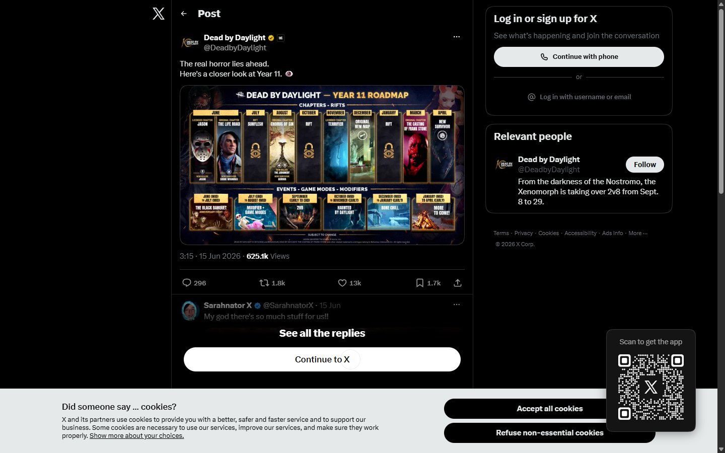 Screenshot of the BHVR @DeadbyDaylight X post from June 15, 2026, showing the Year 11 Roadmap image attached to the tweet. The tweet text announces the Year 11 Roadmap and links to the BHVR news post. No Diablo IV collaboration is mentioned in the tweet text or in the attached roadmap image.