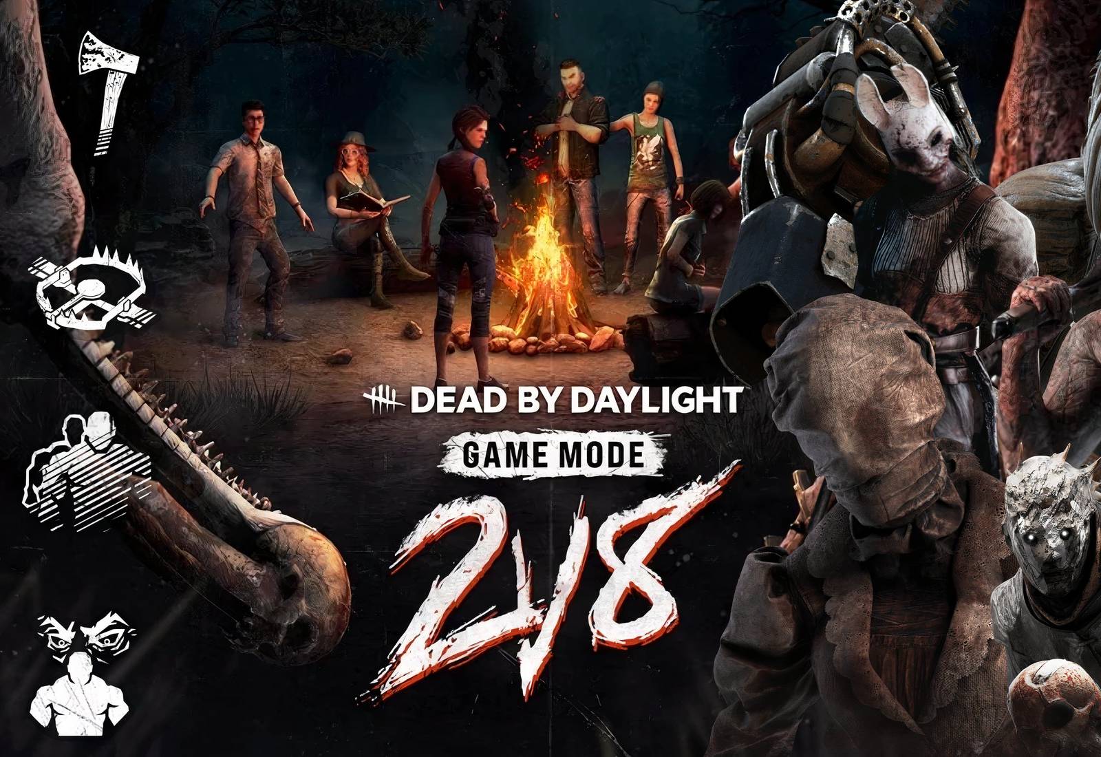 Official Dead by Daylight 2v8 mode launch artwork, showing four Killers including the Xenomorph standing against a dark backdrop with 2v8 branding. Used here to illustrate that BHVR's confirmed September 2026 content is the 2v8 event, which wraps September 29, 2026, leaving October open for Haunted by Daylight rather than a crossover.