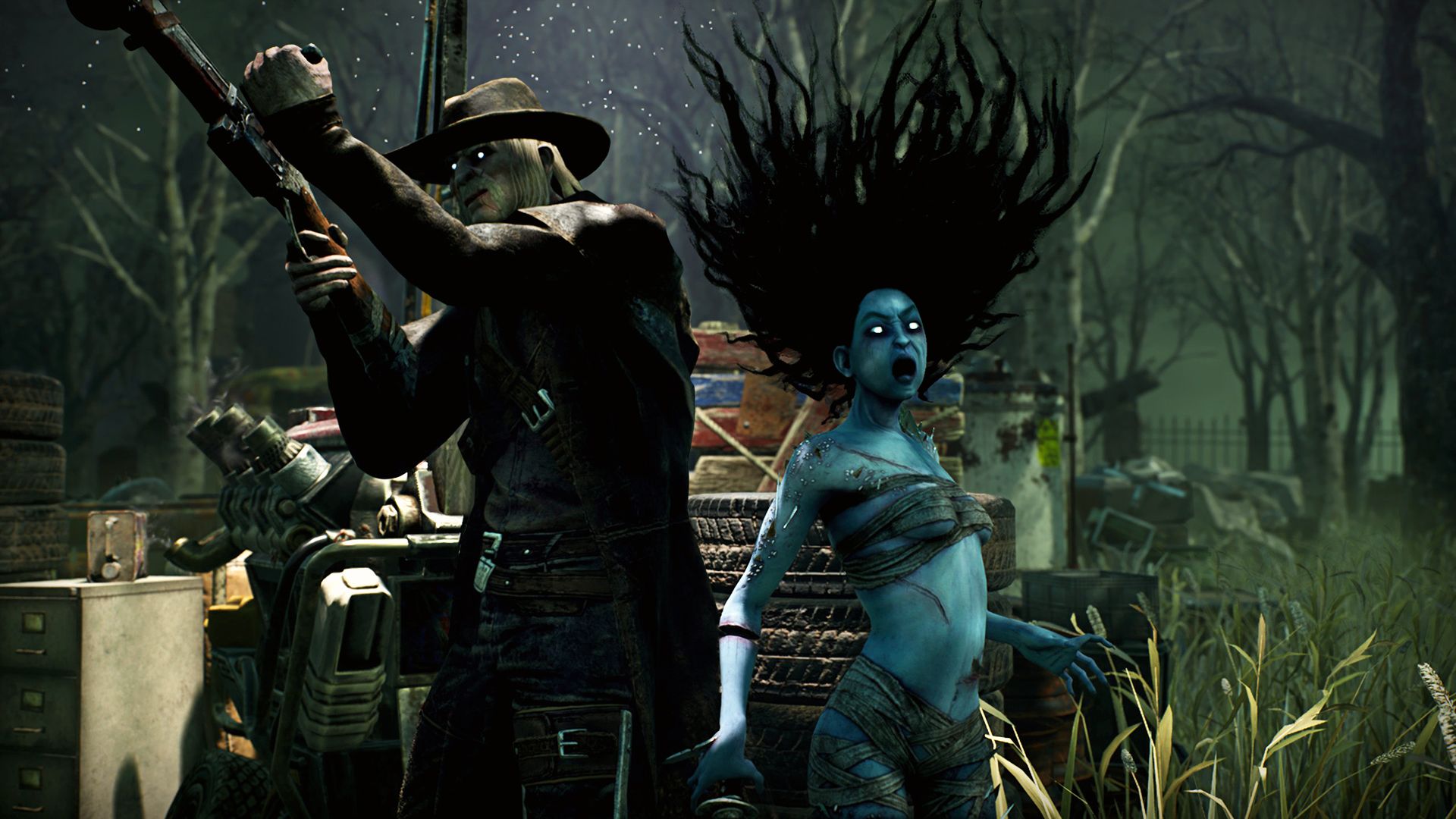 Generic Dead by Daylight community art showing the Huntress Killer standing in a foggy map environment. Used here as a generic DBD visual to ground the discussion of past crossovers without suggesting any specific Diablo IV content.