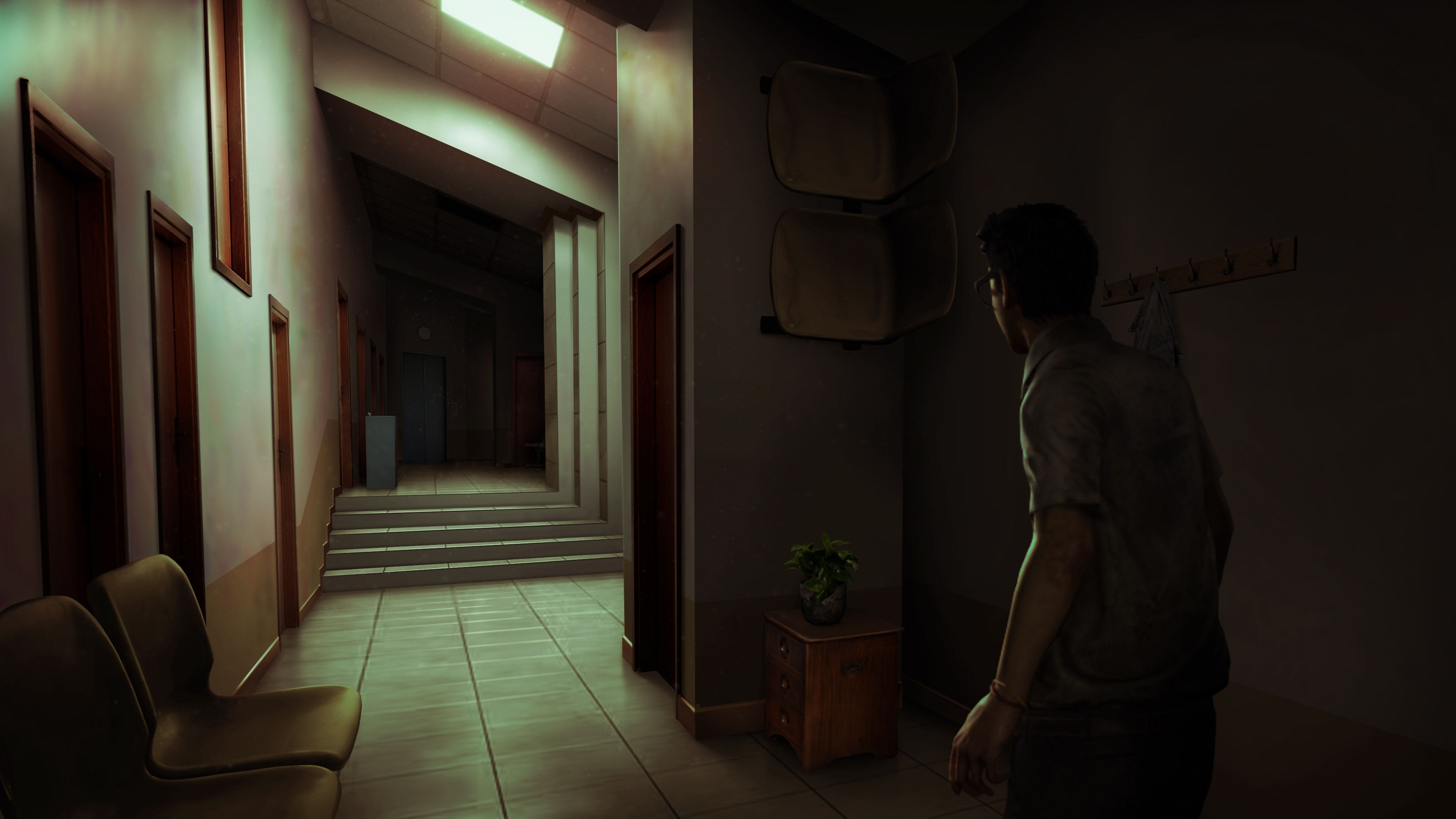 Liminal corridor inside The Mall map - a Survivor stands at the edge of a long hallway with green-tinted lighting, double-door entries on the left, and a single plant on a wooden cabinet, Dead by Daylight liminal horror aesthetic