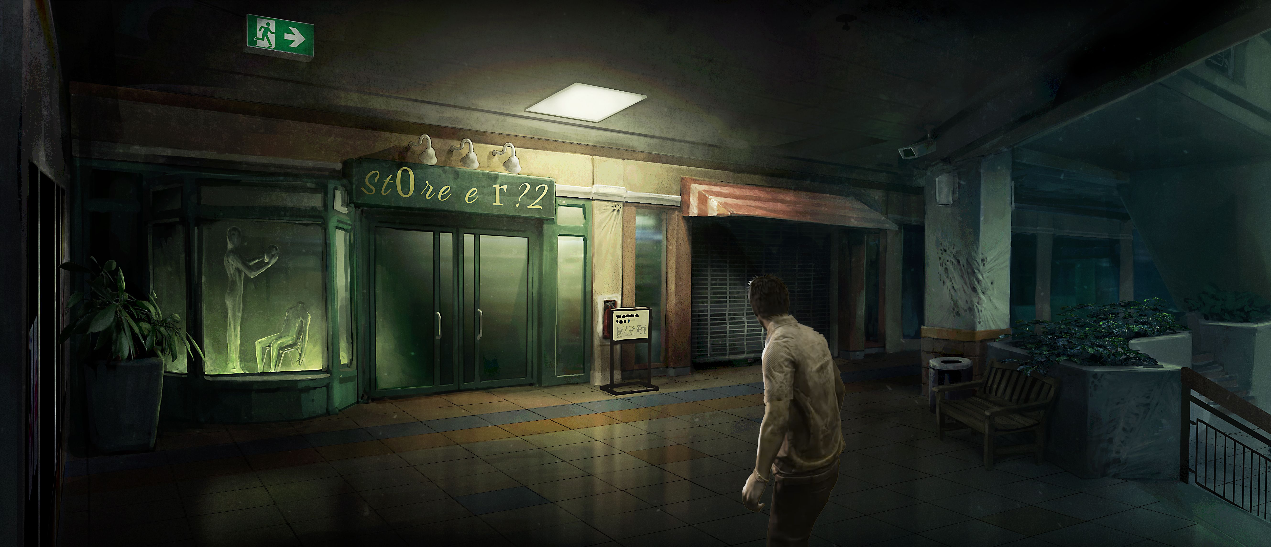 Storefront of The Mall map with the deliberately misspelled sign 'St0re e R ?2' - classic liminal space horror, with a Survivor standing on the tiled mall floor near planters and an emergency exit sign overhead