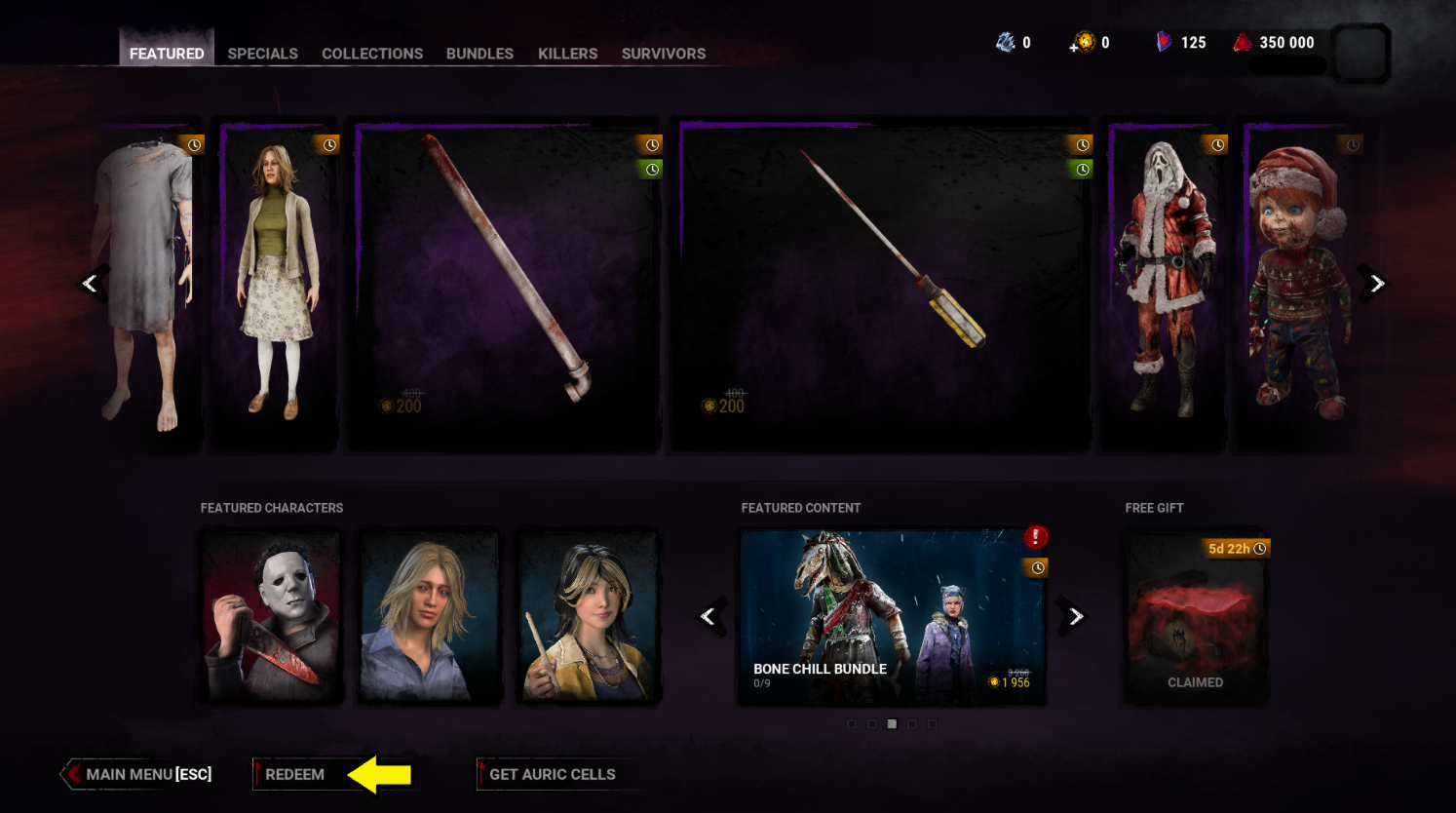 Dead by Daylight Store Featured tab highlighting the Redeem Code button at the bottom left of the Store screen