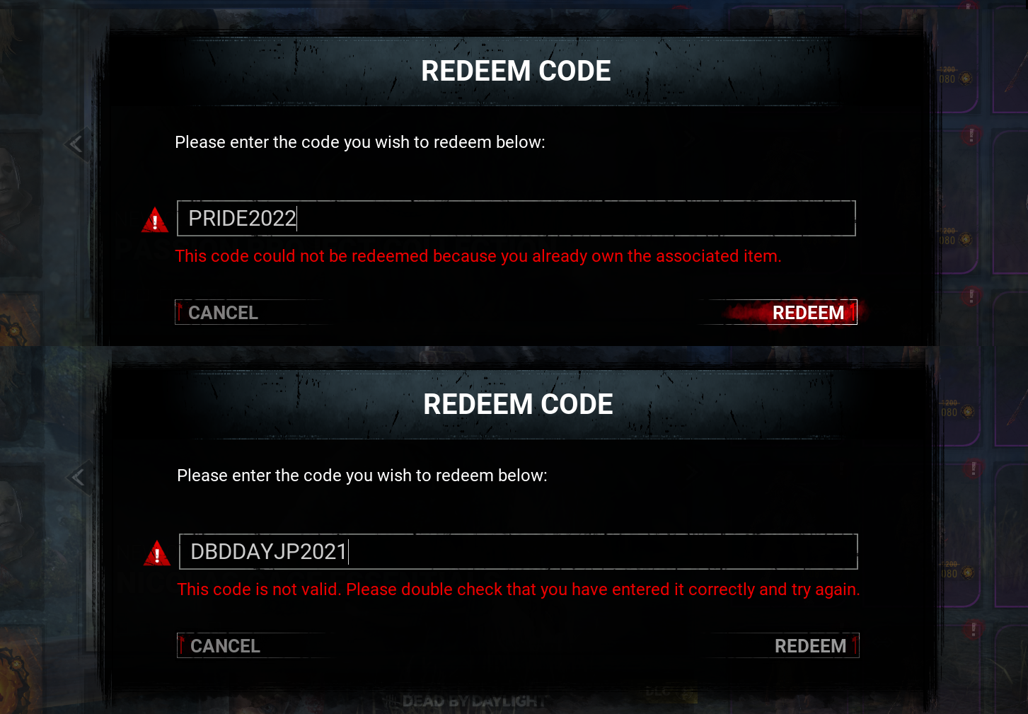 Dead by Daylight Redeem Code error dialog showing what happens when a code is expired or already used on this platform