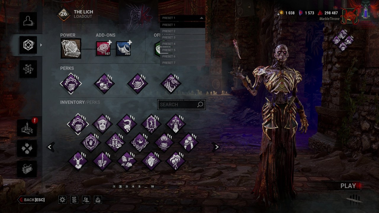Dead by Daylight The Lich killer loadout screen showing four equipped perk slots representing the kind of meta regression build the 10.2.0 PTB will rebalance including Scourge Hook Pain Resonance Pop Goes the Weasel Corrupt Intervention and a fourth perk slot