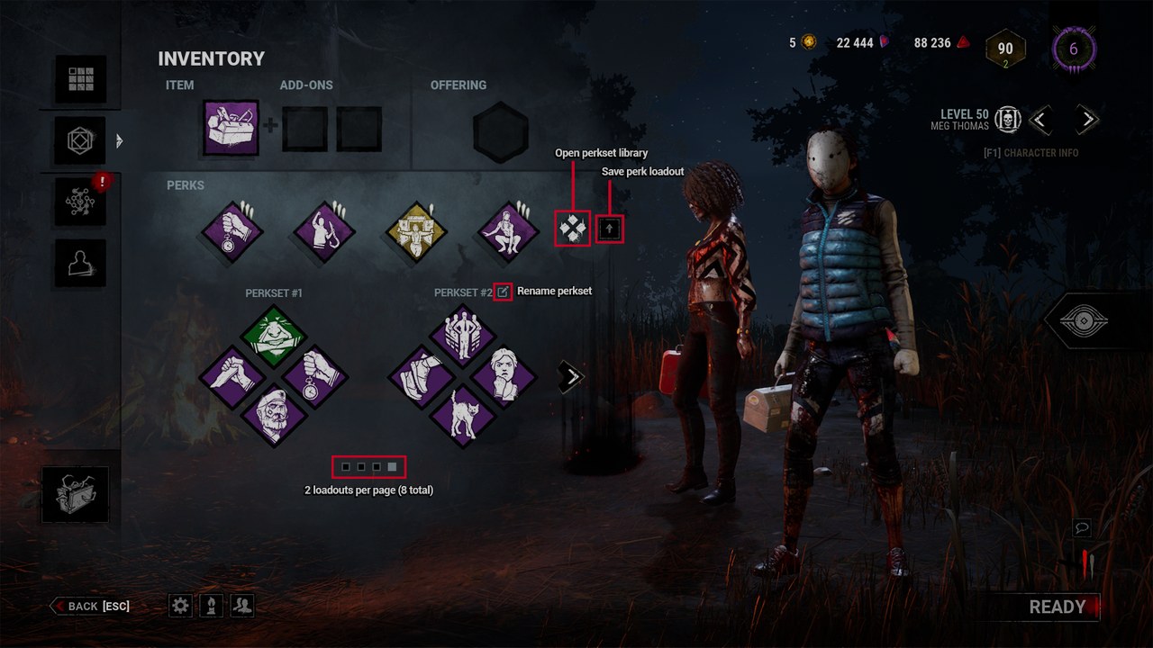 Dead by Daylight Meg Thomas loadout screen showing two perksets of 4 perks each, illustrating the perk loadout concept at the heart of the 10.2.0 PTB overhaul