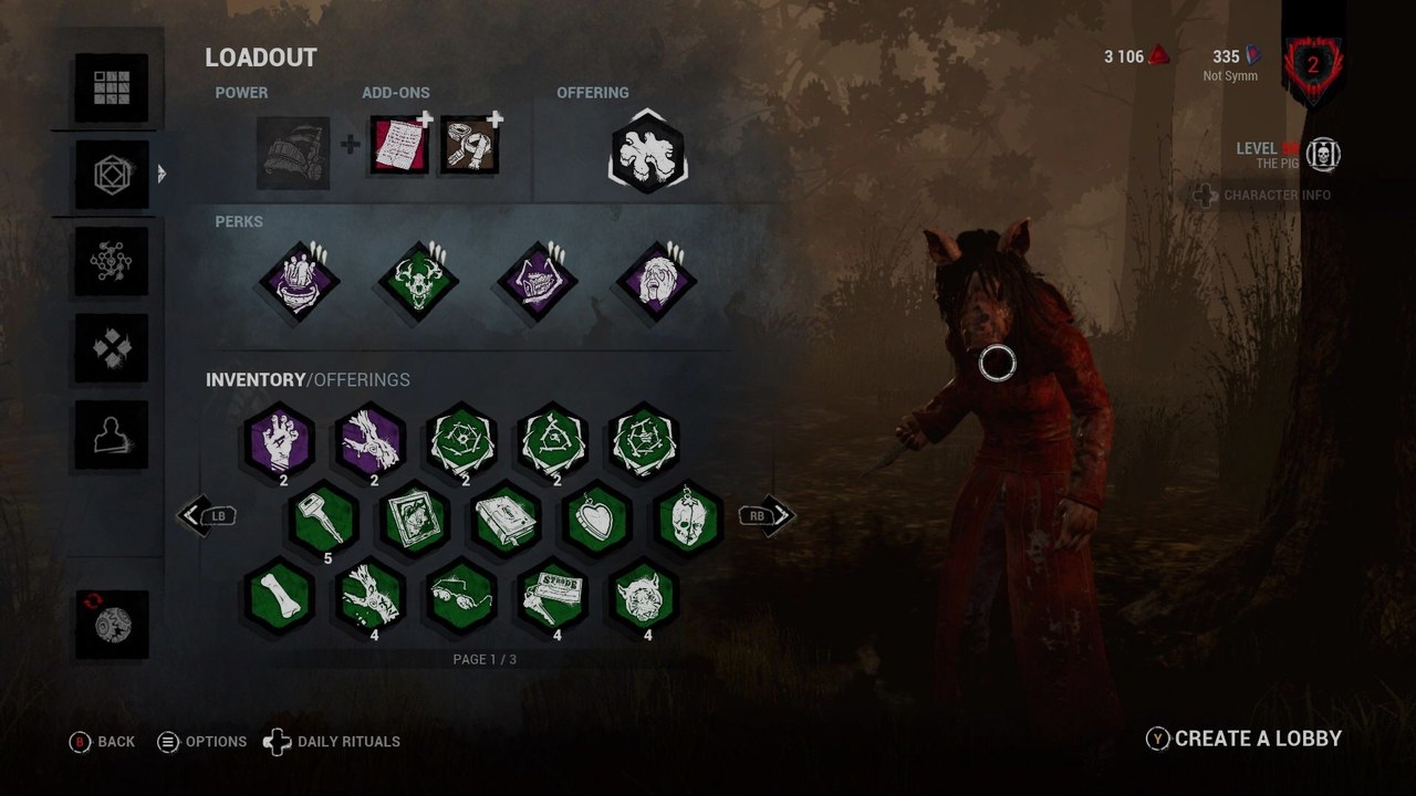 Dead by Daylight The Pig killer loadout screen showing four equipped perk slots ready for the 10.2.0 PTB perk rework testing, the kind of 4-perk build players will be rebuilding from scratch on PTB day one