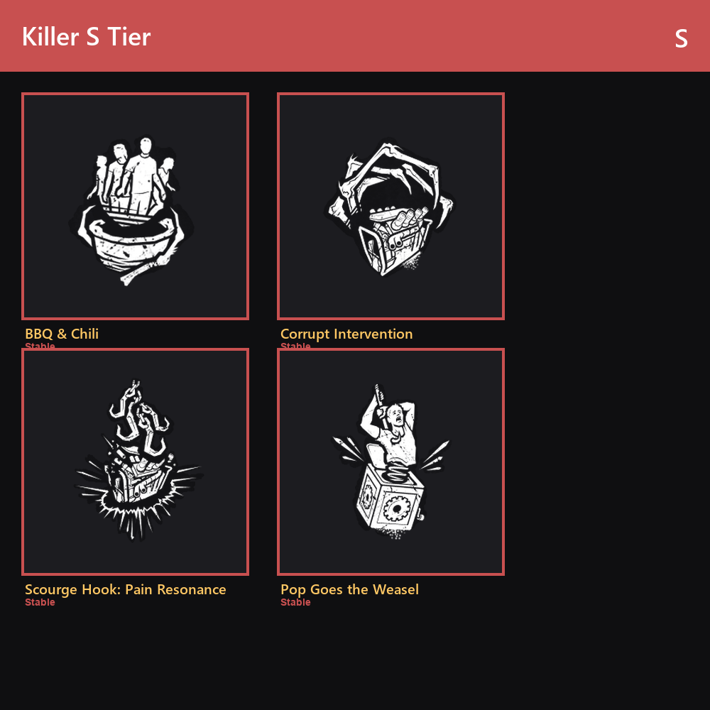 Killer S Tier composite showing BBQ & Chili, Corrupt Intervention, Scourge Hook Pain Resonance, and Pop Goes the Weasel.