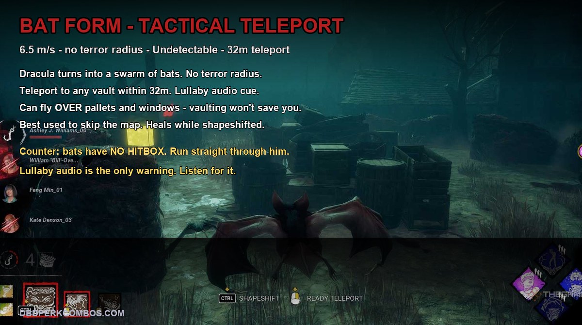 Bat Form - Dracula in Bat Form with CTRL SHAPESHIFT and READY TELEPORT visible in DBD 2026
