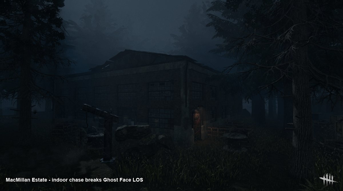Survivor running from Ghost Face in a chase in a DBD indoor map