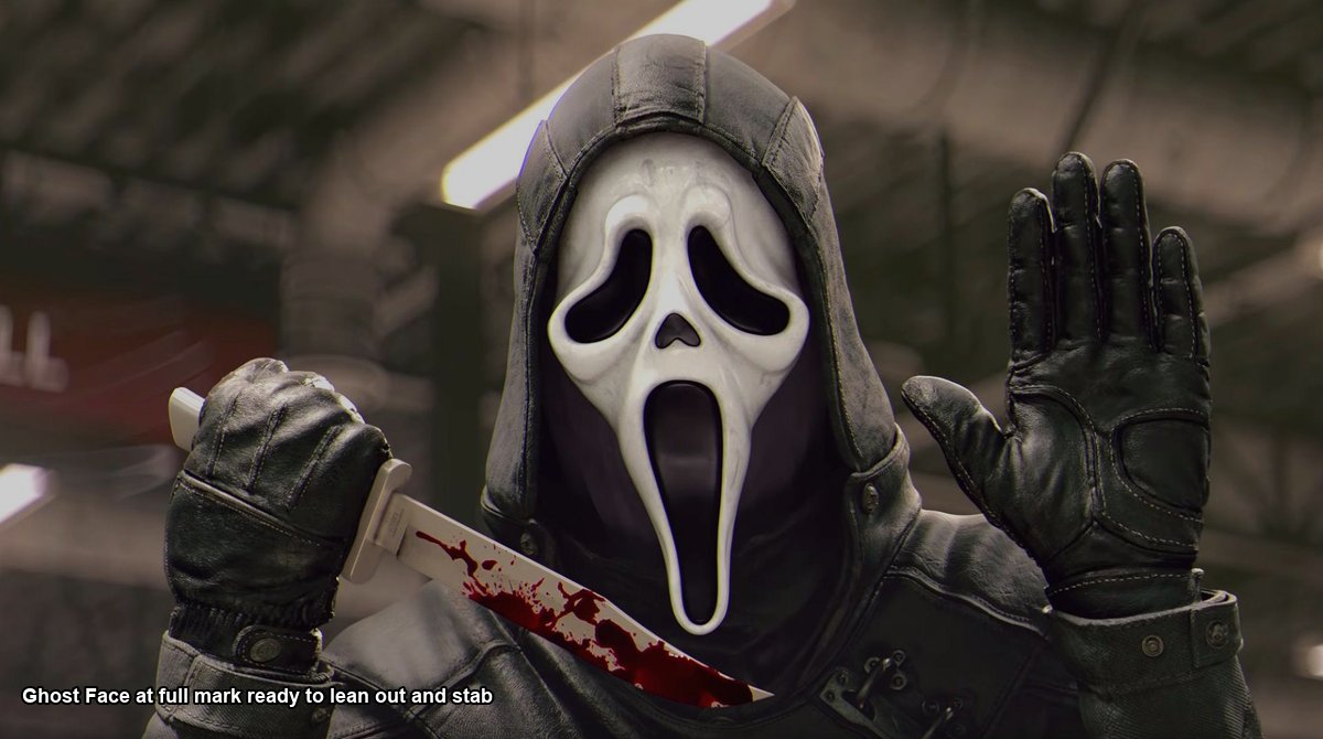 Ghost Face leaning out from cover to stab an Exposed survivor in a Dead by Daylight chase