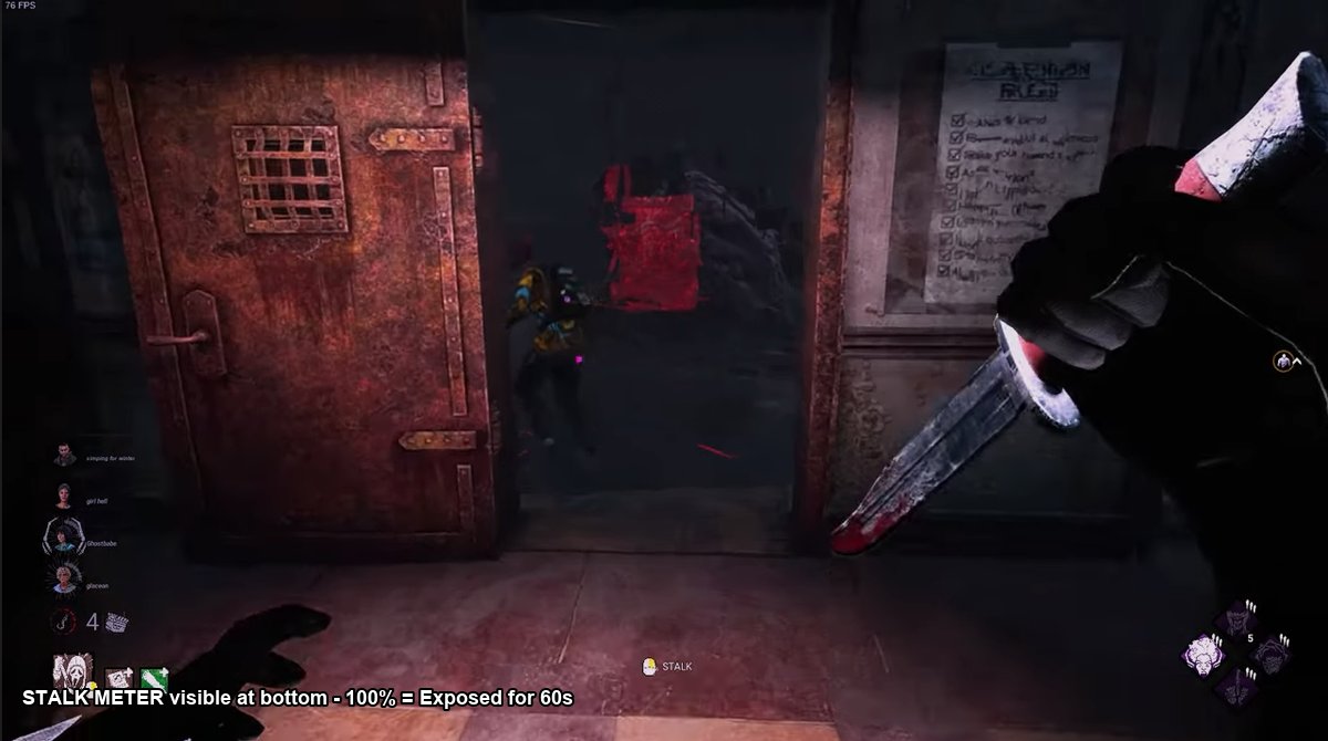 Survivor with the Exposed status effect timer visible while being stalked by Ghost Face