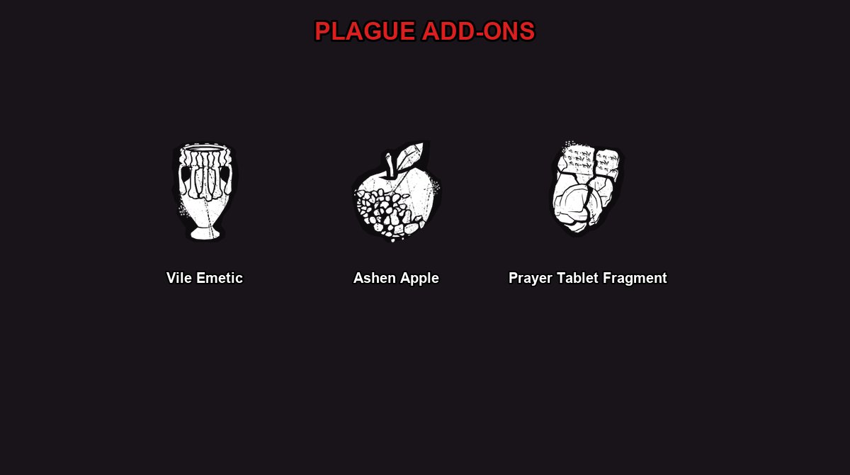 Three Plague add-on icons from the wiki including Vile Emetic, Ashen Apple, and Prayer Tablet Fragment