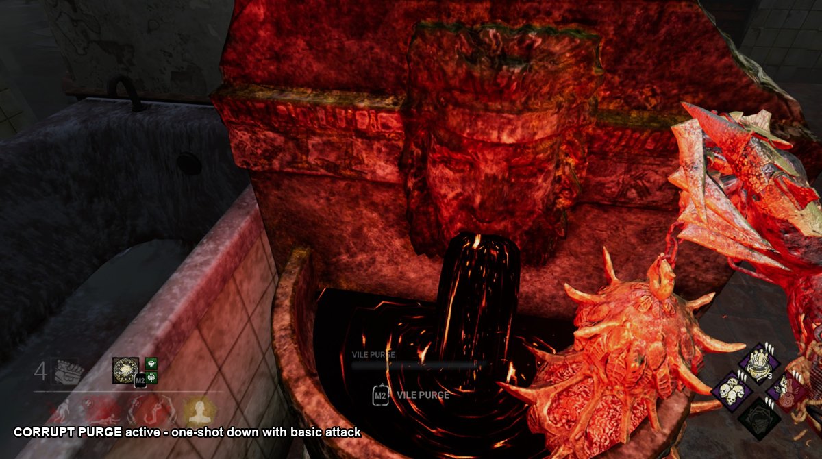 The Plague POV close-up of a Corrupted fountain during Vile Purge with the M2 prompt visible and the giant red corruption