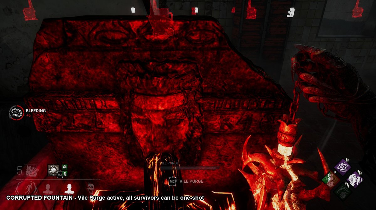 Close-up of a Corrupted fountain during Vile Purge showing the giant red corruption face and the M2 Vile Purge button prompt