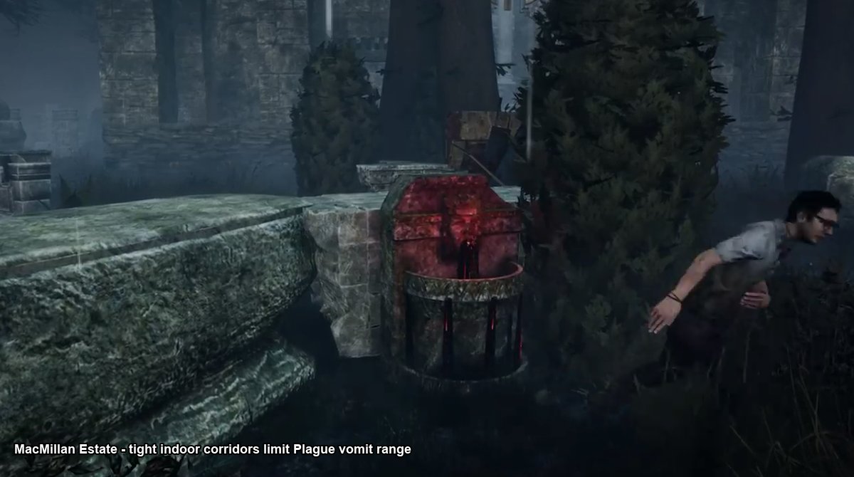 Indoor DBD forest map with a Corrupted fountain and a survivor running past it, good terrain for surviving The Plague