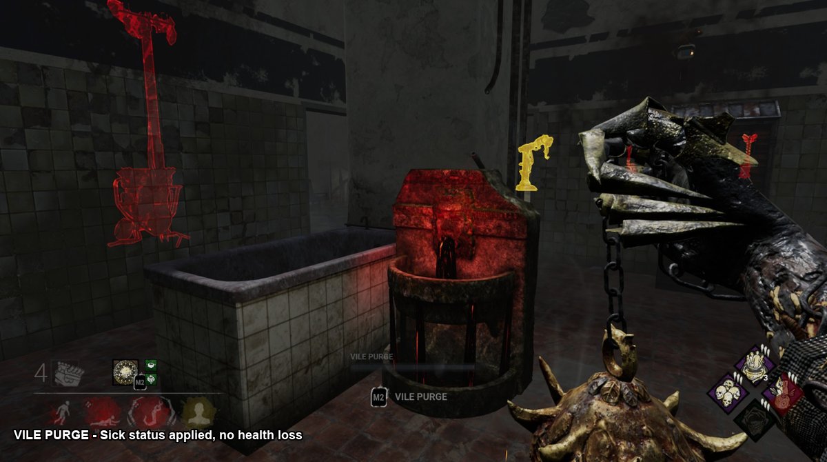 The Plague POV looking at a Corrupted fountain in a DBD bathroom with Vile Purge meter and survivor status icons