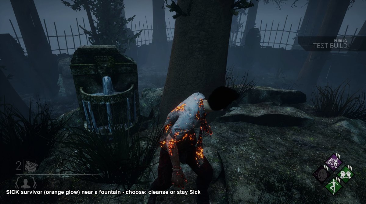 A Sick survivor in a DBD forest map walking past a corrupted fountain with the orange Sick glow visible on the body