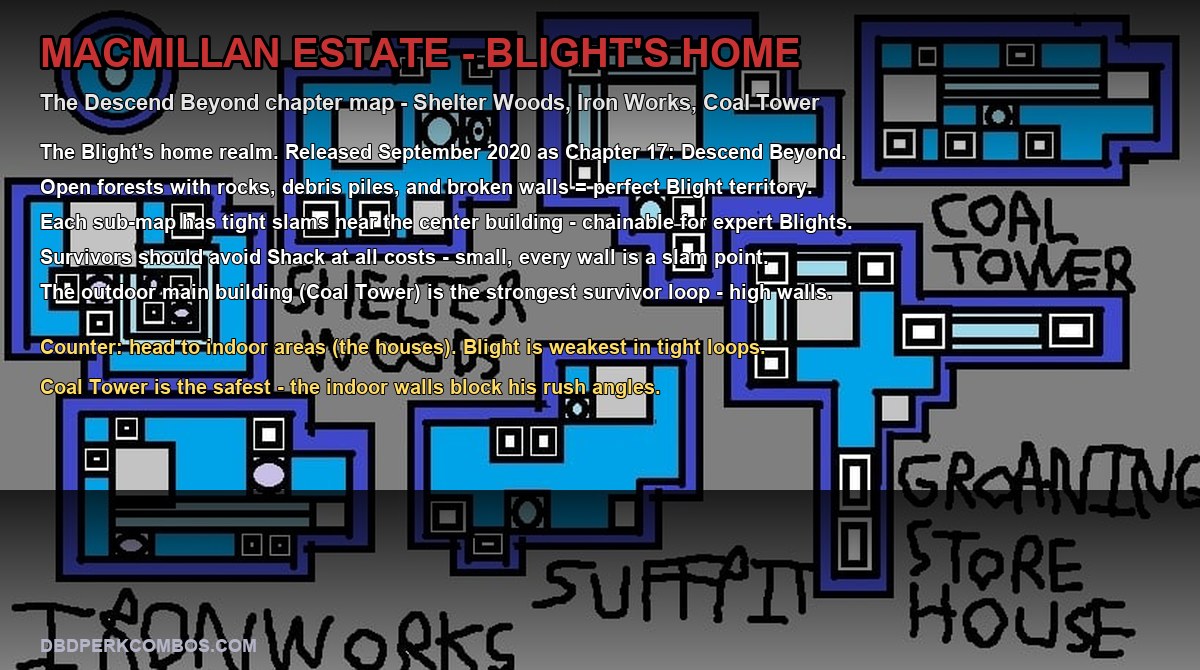 MacMillan Estate - the Blight's home realm map layout showing Shelter Woods, Coal Tower, Iron Works, Suffocation Pit, Groaning Storehouse, House