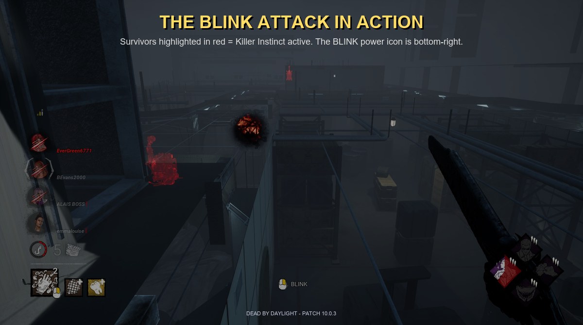The Nurse's Blink attack in action - in-chase screenshot showing the BLINK power icon and Survivor auras