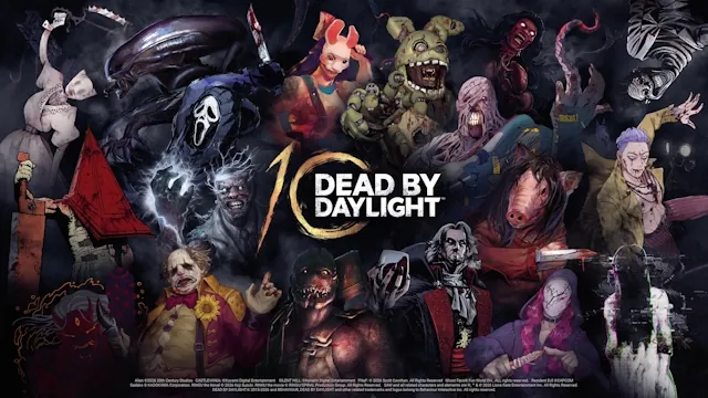Dead by Daylight 10th Anniversary key art - all killers from the decade celebrating the franchise milestone. Amanda Young / The Pig is among them and remains in the live game.