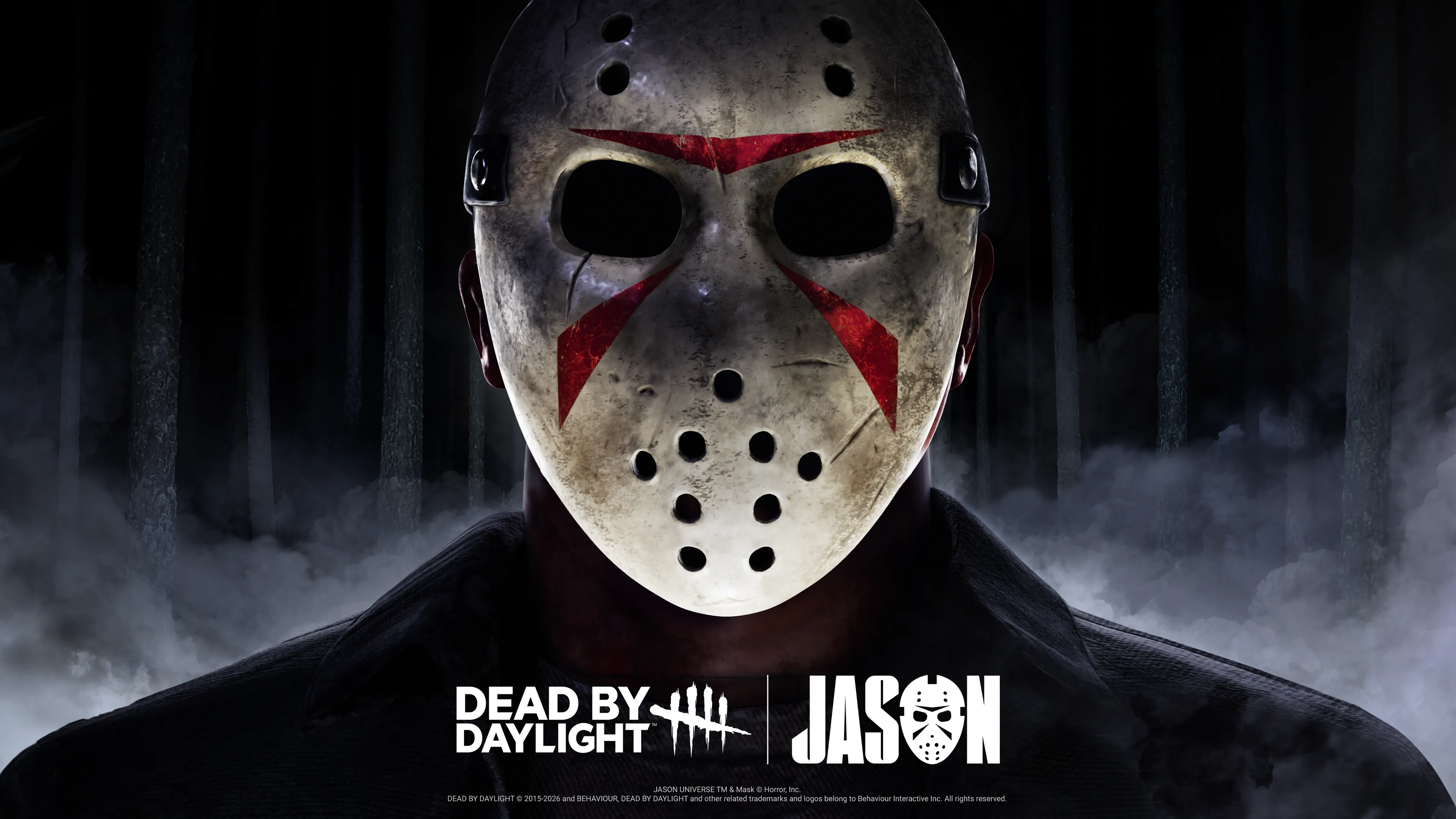The Slasher (Jason Voorhees) - close-up of his iconic hockey mask, official Dead by Daylight 10th anniversary chapter promo art