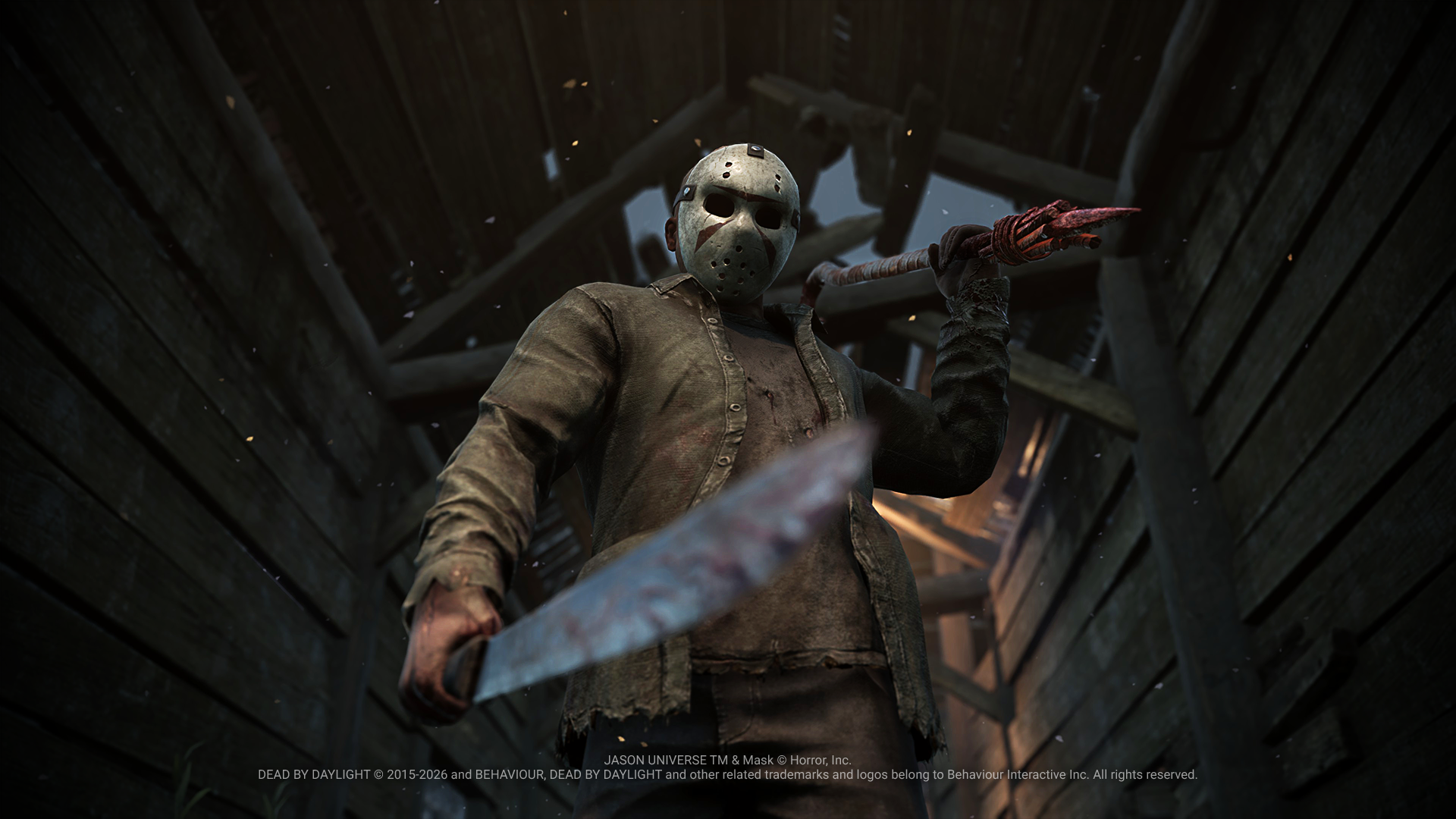 The Slasher (Jason Voorhees) full-body in-game render holding his bloodied machete inside the cabin, official Dead by Daylight promo art