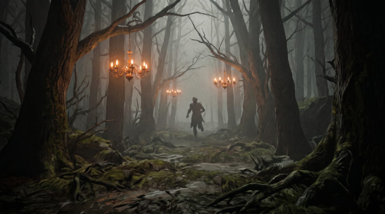 Dark map environment in Light's Out with chandeliers casting dim warm light