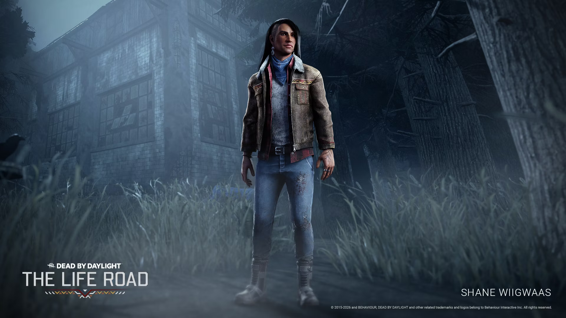 Shane Wiigwaas in his default outfit, full-body render with foggy background and the Dead by Daylight logo