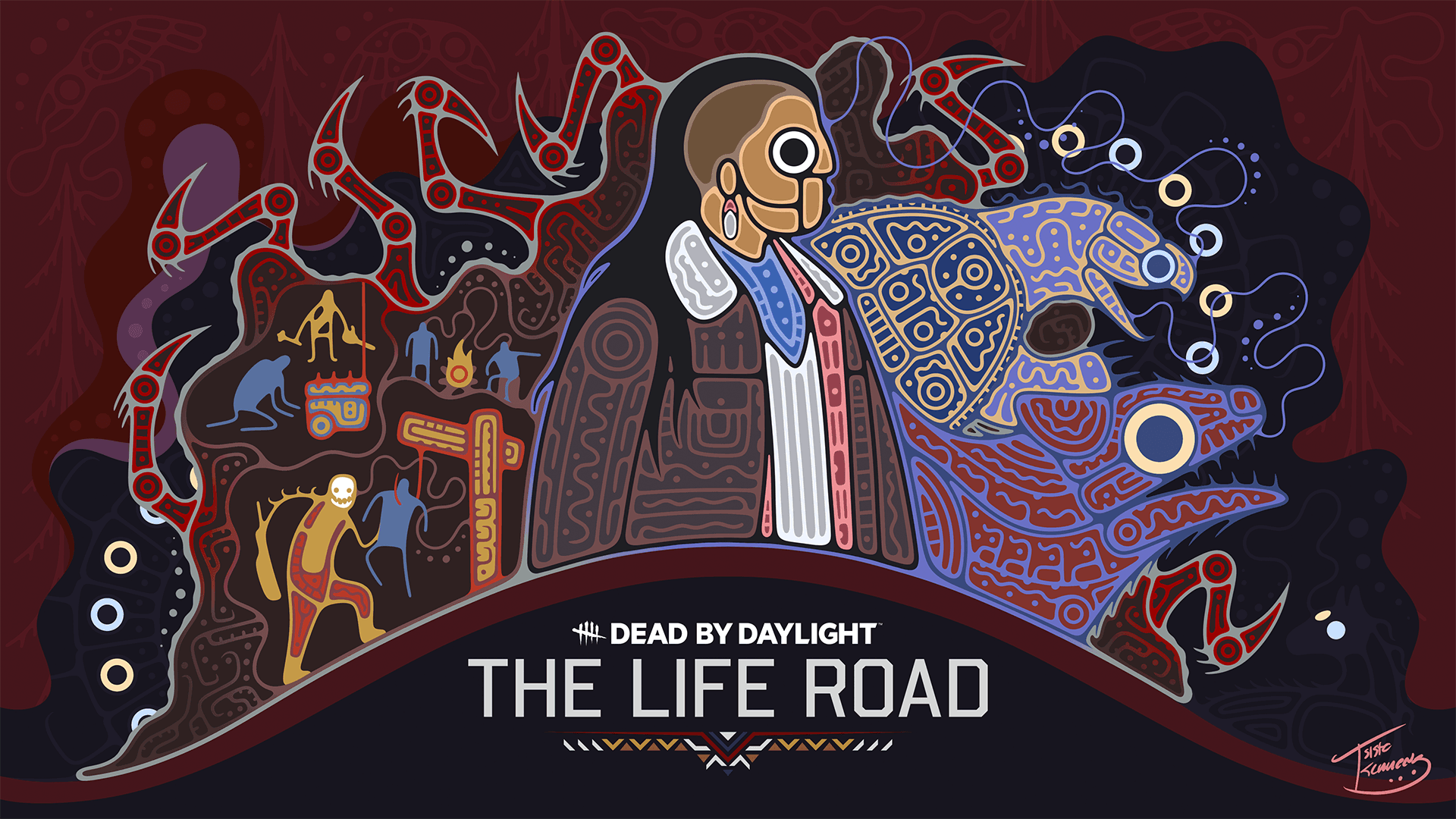 Shane Wiigwaas, the first Indigenous Survivor in Dead by Daylight, in his Life Road promo art holding his jacket open with the fog swirling behind him