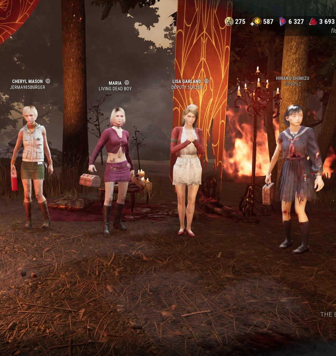Cheryl Mason in Dead by Daylight wearing four Silent Hill Collection Legendary outfits in a lobby: Cheryl default, Maria, Lisa Garland, and Hinako Shimizu