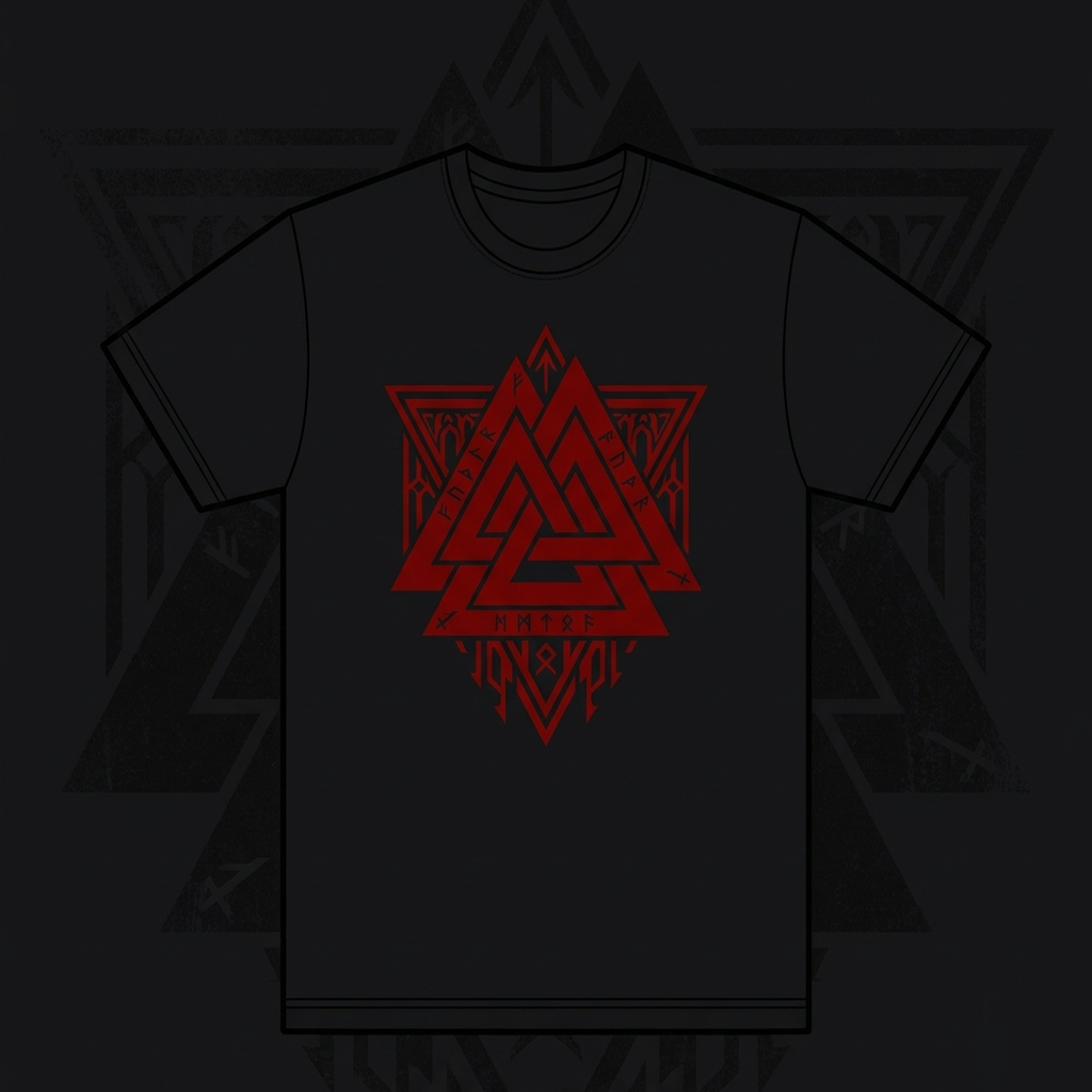 Black cotton t-shirt with red valknut sigil print